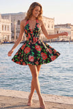 A-Line Halter Neck Light Blue Cut Out Floral Corset Backless Homecoming Dress