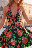 A-Line Halter Neck Light Blue Cut Out Floral Corset Backless Homecoming Dress
