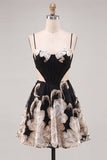 Black A-Line Cut Out Floral Homecoming Dress with Lace Up Back