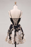 Black A-Line Cut Out Floral Homecoming Dress with Lace Up Back