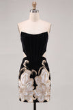 Black Strapless Bodycon Embroidered Floral Homecoming Dress with Lace Up Back