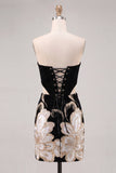 Black Strapless Bodycon Embroidered Cut Out Floral Homecoming Dress with Lace Up Back