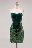 Black Strapless Bodycon Embroidered Cut Out Floral Homecoming Dress with Lace Up Back