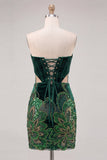 Black Strapless Bodycon Embroidered Cut Out Floral Homecoming Dress with Lace Up Back