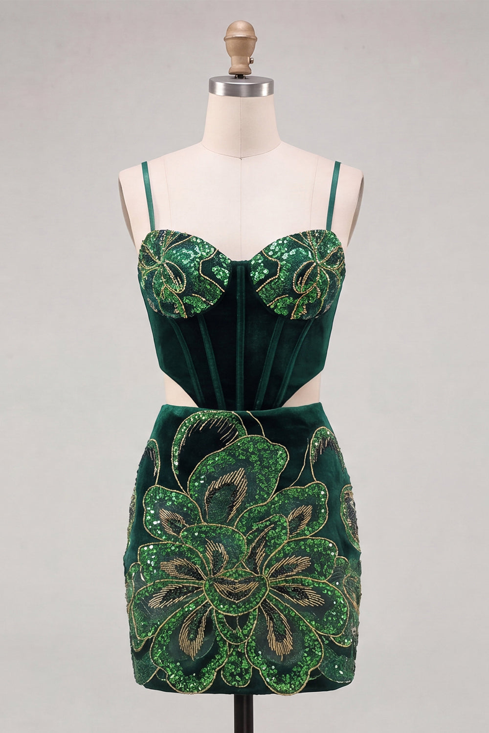 ZAPAKA Women Dark Green Party Dress with Lace Up Back Bodycon Cut Out Sequins Corset Spaghetti Straps Short Cocktail Dress, Dark Green / UK30
