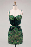 Dark Green Bodycon Corset Floral Sequins Cut Out Homecoming Dress with Lace Up Back