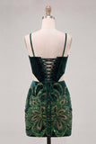 Dark Green Bodycon Corset Floral Sequins Cut Out Homecoming Dress with Lace Up Back