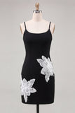 Black Floral Spaghetti Straps Sequins Homecoming Dress