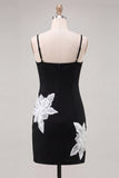 Black Floral Spaghetti Straps Sequins Homecoming Dress