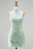 Mint Green Bodycon Halter Neck Floral Sequins Homecoming Dress