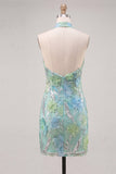 Mint Green Bodycon Halter Neck Floral Sequins Homecoming Dress
