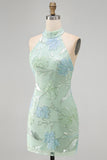 Mint Green Bodycon Halter Neck Floral Sequins Homecoming Dress