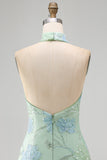 Mint Green Bodycon Halter Neck Floral Sequins Homecoming Dress