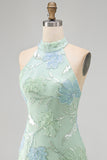 Mint Green Bodycon Halter Neck Floral Sequins Homecoming Dress