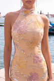 Mint Green Bodycon Halter Neck Floral Sequins Homecoming Dress