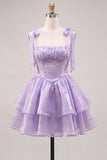 Lilac Pearl Mini Fairy Tale Tiered Homecoming Dress with Lace Up Back