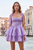 Lilac Pearl Mini Fairy Tale Tiered Homecoming Dress with Lace Up Back
