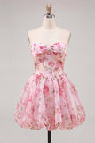 A-Line Pink Sweetheart Floral Chiffon Homecoming Dress with Lace Up Back