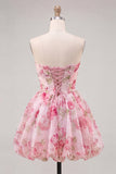 A-Line Pink Sweetheart Floral Chiffon Homecoming Dress with Lace Up Back