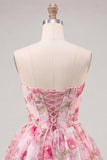 A-Line Pink Sweetheart Floral Chiffon Homecoming Dress with Lace Up Back