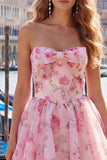 A-Line Pink Sweetheart Floral Chiffon Homecoming Dress with Lace Up Back