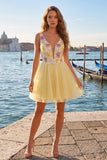 A-Line Yellow V-Neck Floral Sequins Homecoming Dress