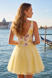 A-Line Yellow V-Neck Floral Sequins Homecoming Dress