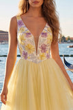 A-Line Yellow V-Neck Floral Sequins Homecoming Dress