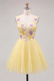 A-Line Yellow V-Neck Floral Sequins Homecoming Dress