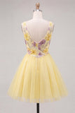 A-Line Yellow V-Neck Floral Sequins Homecoming Dress