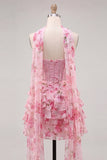 A-Line Pink Sweetheart Corset Tiered Floral Beaded Homecoming Dress with Neck Scarf