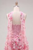 A-Line Pink Sweetheart Corset Tiered Floral Beaded Homecoming Dress with Neck Scarf