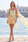 A-Line Pink Sweetheart Corset Tiered Floral Beaded Homecoming Dress with Neck Scarf