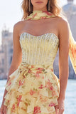 A-Line Pink Sweetheart Corset Tiered Floral Beaded Homecoming Dress with Neck Scarf