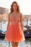 Yellow A-Line Strapless Floral Embroidered Short Homecoming Dress
