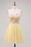 Yellow A-Line Strapless Floral Embroidered Short Homecoming Dress