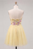 Yellow A-Line Strapless Floral Embroidered Short Homecoming Dress