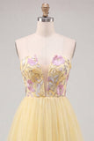 Yellow A-Line Strapless Floral Embroidered Short Homecoming Dress