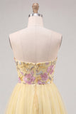 Yellow A-Line Strapless Floral Embroidered Short Homecoming Dress