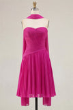 Yellow A-Line Strapless Ruched Pleated Homecoming Dress with Neck Scarf