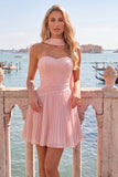 Yellow A-Line Strapless Ruched Pleated Homecoming Dress with Neck Scarf
