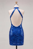 Sparkly Royal Blue Bodycon Halter Neck Sequins Short Homecoming Dress with Open Back