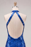 Sparkly Royal Blue Bodycon Halter Neck Sequins Short Homecoming Dress with Open Back