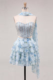 Sweetheart Light Blue 2 Piece A-Line Corset Tiered Floral Homecoming Dress with Beading