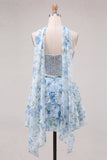 Sweetheart Light Blue 2 Piece A-Line Corset Tiered Floral Homecoming Dress with Beading