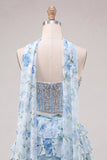 Sweetheart Light Blue 2 Piece A-Line Corset Tiered Floral Homecoming Dress with Beading