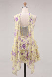 Sweetheart Light Blue 2 Piece A-Line Corset Tiered Floral Homecoming Dress with Beading