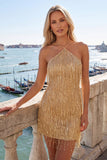Dusty Rose Bodycon Halter Neck Sequins Homecoming Dress with Fringes