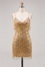 Gold Bodycon Spaghetti Straps Sequins Homecoming Dress with Fringes