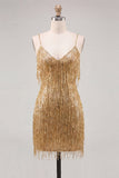 Gold Bodycon Spaghetti Straps Sequins Homecoming Dress with Fringes